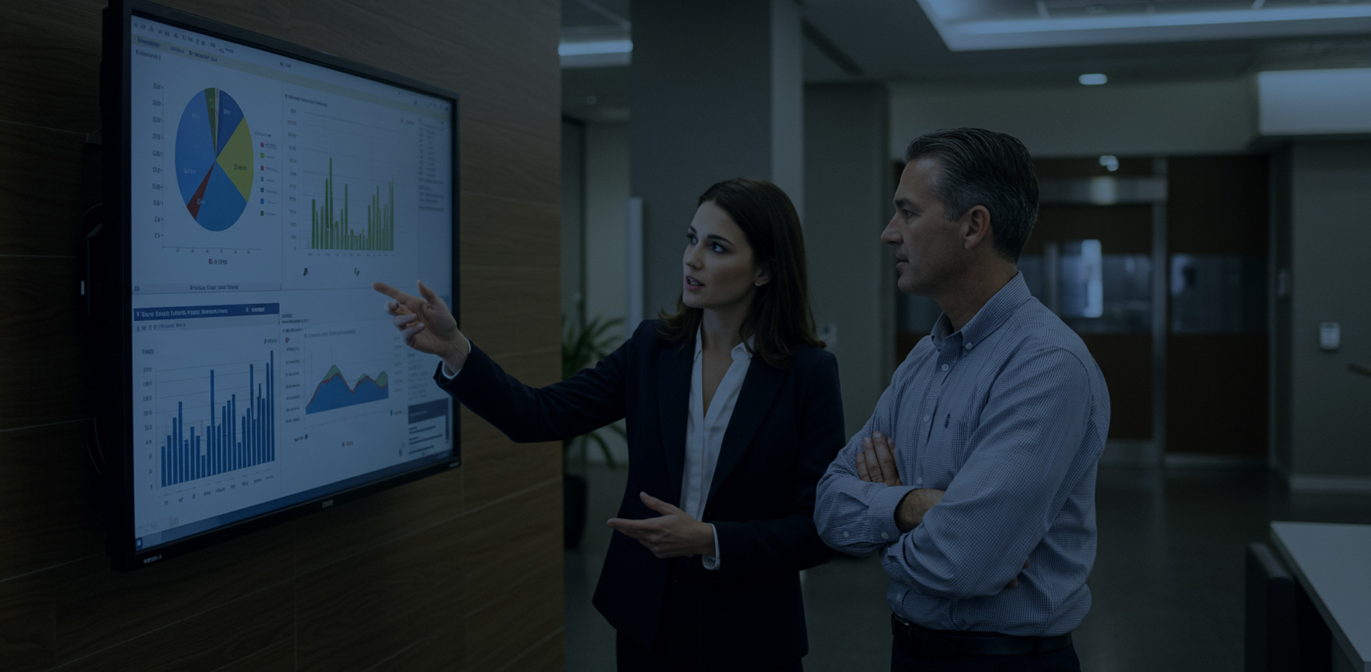 Co-workers looking at market charts